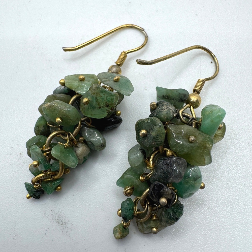 Handmade Green Stone Chip Cluster Dangle Earrings Gold Tone French Hook Artisan
